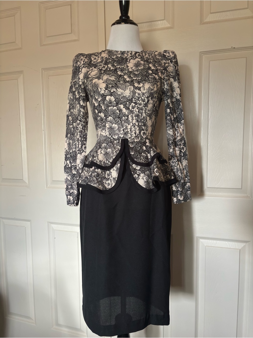 Vintage Melissa Black and White Floral Peplum Long-Sleeve Dress